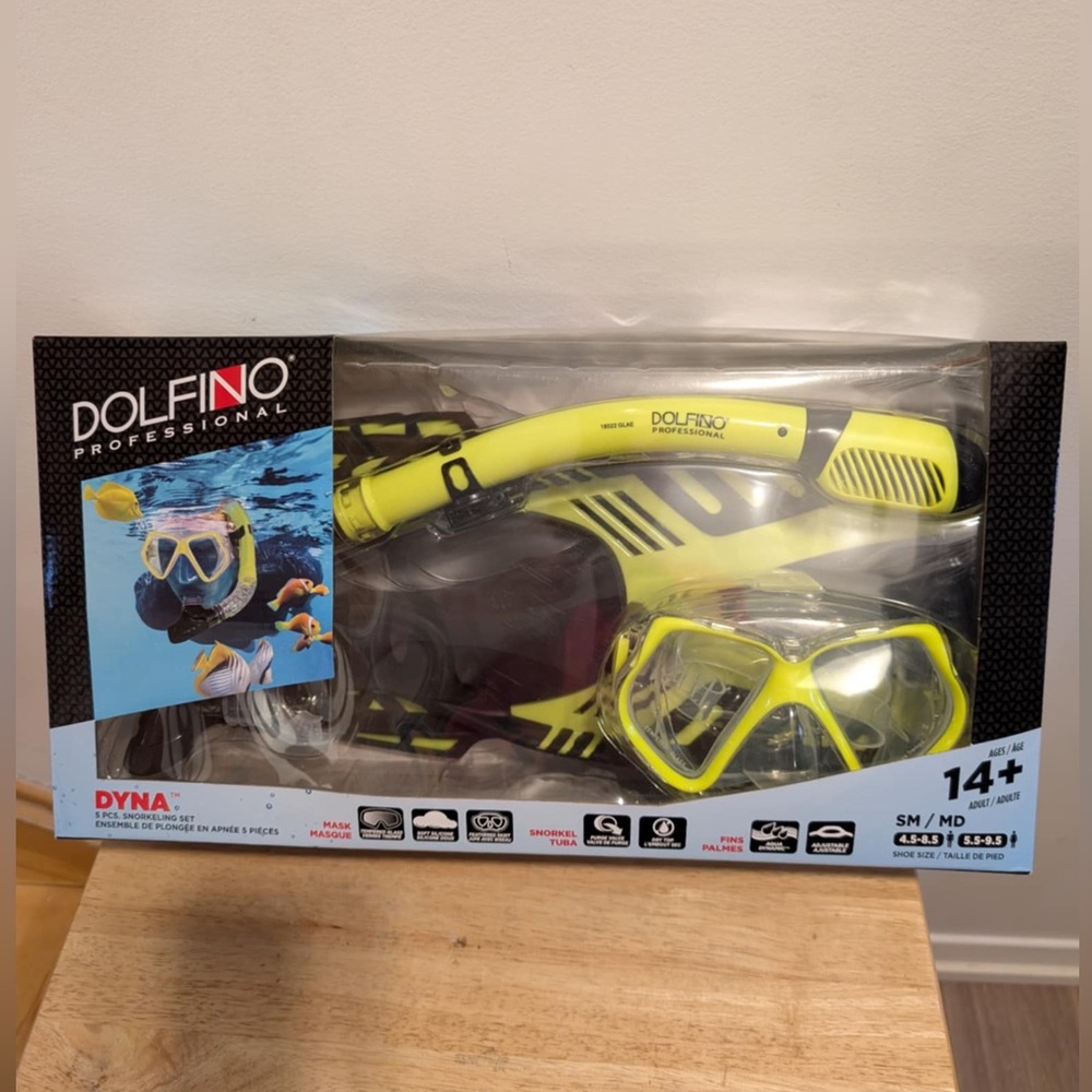🆕 Dolfino Snorkel Set in Yellow Ages 14+ Shoe SM/MD Men Women